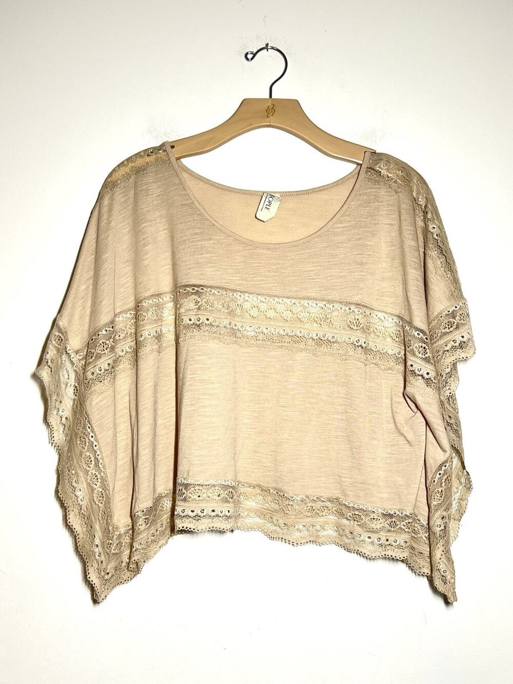 Free People EUC Boho Tan Knit Lace Kimono Short Sleeve Drape Breezy Top Shirt S